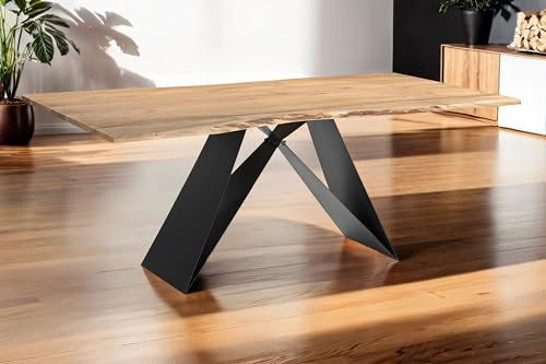 SAM Baumkantentisch 140 x 80 cm Mick, Akazienholz naturfarben + massiv, echte Baumkante, Esstisch aus Massivholz, Esszimmertisch mit Butterfly-Metallgestell Schwarz
