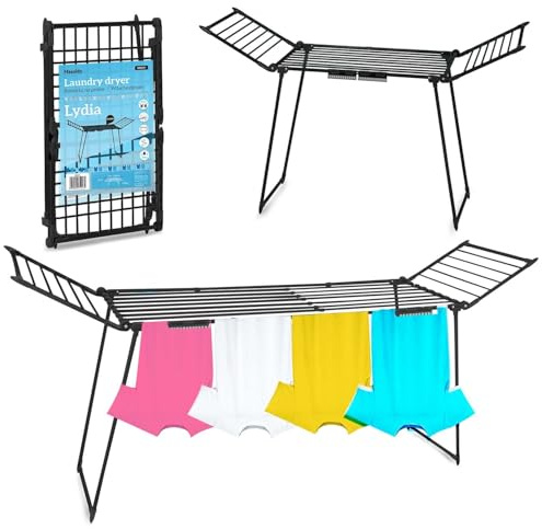 Massido Tvättställ XXL utdragbar teleskopisk tvätttorktumlare ställning stabil torktumlare med halkfria fötter stor torkyta 27 m Lydia svart 190–260 x 60 x 117 cm