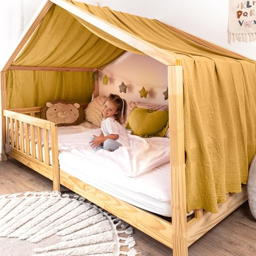 lilimaus Hausbett Himmel mit Gold Applikation [in 12 Farben] Betthimmel | Hausbett aus 100% Baumwolle Musselin - Stoffhimmel für Hausbett Deko Mädchen, Jungen - Himmel für Hausbett Kinderbett Vorhang
