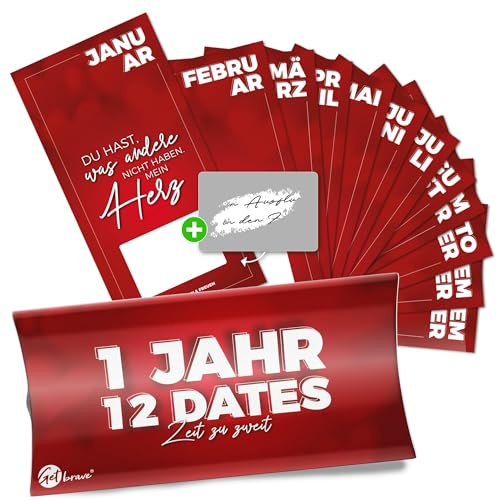 getbrave 1 Jahr, 12 Dates - Das Geschenk für gemeinsame Zeit - Dates zum selber ausfüllen mit Rubbelaufkleber - Überraschung zum Geburtstag & Jahrestag für Mann, Frau, Partner, Freundin & Freund