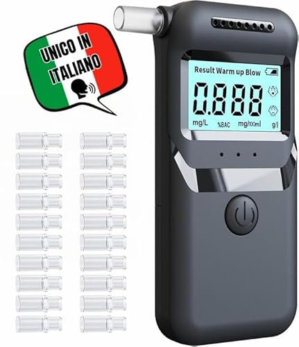 MIO TECK Etilometro Portatile Digitale Certificato, Alcol Test elettronico con Display LCD, per Uso Domestico e Professionale con 20 Bocchette (Etilometro)