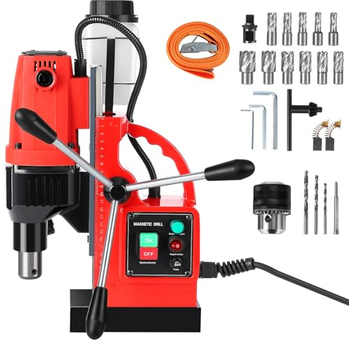 COZONY Mag Drill Press, 1100W 550RPM Portable Magnetic Drill Press, Magnetic Core Electric Drilling Machine for Metal Working,14Pcs Annular Cutters Drilling Bits，Red