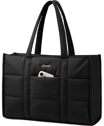 LOVEVOOK Handtasche Damen Groß, Puffer Laptoptasche 15,6 Zoll Shopper Tasche Arbeitstasche Aktentasche, Tote Bag Women Handbag Lehrertasche Schultasche Schultertasche für Uni Business Schule, Schwarz