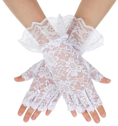 Ajcotahm White Lace Gloves Women Tea Party White Elegant Lace Fingerless Gloves Women for Wedding Bridal Party Halloween Costume Accessories