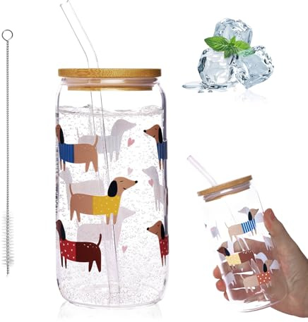 Tikplus Bicchiere da 500 ml con coperchio, motivo cane in vetro con cannuccia, bicchieri Matcha, bicchiere versatile per bolle, tè, caffè, smoothie cocktail e molto altro ancora