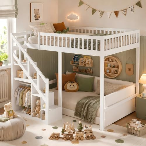 Hochbett 90x200 Weiß mit Treppen-Regal & Stauraum, Massivholz Kinderbett & Jugendbett mit Sternen-Rausfallschutz, Platzwunder Hochbettkombination für kleine Zimmer, Inkl. Lattenrost, Ohne Matratze