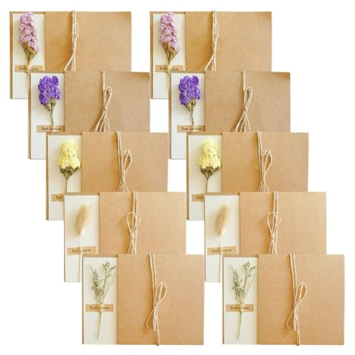 CZAKOMIX 10Pcs Vintage Carte Merci, Cartes de vœux Faites à la Main,5 Styles Différents de Cartes de Vœux de Fleurs Séchées, Carte Cadeau, pour Anniversaire,Noël,Anniversaire de Mariage,Saint-Valentin