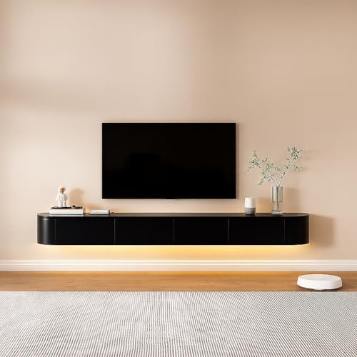 FGNIXLN Meuble TV bas, 160-240CM meuble TV, meuble bas suspendu, meuble TV pour le salon, adapté pour le salon et la chambre à coucher (Noir-Led, 180CM)