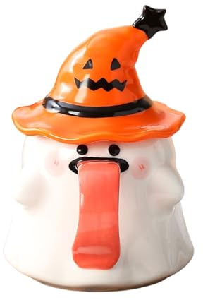 Genikeer Taza Halloween - Vasos Originales para Bebidas | Taza de Cerámica con Tapa en Forma de Fantasma de 45cl para Estudiantes Profesores Bebidas Calientes Vino Zumo