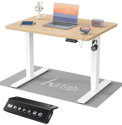 Airfish Höhenverstellbarer Schreibtisch 90x60cm, Kinder Schreibtisch Höhenverstellbar Elektrischer mit Memory-Funktion, Bürotisch Höhenverstellbar für Home Office Steh-Sitz Tisch Standing Desk Beige