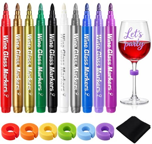 Ferenando 10 Stück Glasmarker in 10 Farben für Partys & Feiern, Glasstift Abwaschbar Set mit 6 Silikon Glas Markierung & Reinigungstuch, Schnelltrocknend Glas Stifte für Abendessen, Party, Hochzeit