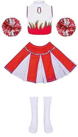 Costume da Cheerleader per Bambini, CostumeCheerleader per Ragazze, Uniforme Cheerleader Bambina, Vestito Cheerleader Bambina con Pompon, Calzini, Accessori e Capellii per (Red-B, 10-11 Years)