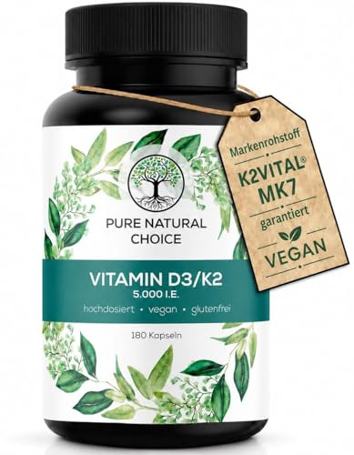 Vitamin D3 + K2 Depot–180 vegane D3 Kapseln–Premium-Qualität: K2VITAL® von Kappa – 99,7+% All-Trans K2-MK7 + 5000 IE Vitamin D3 – hochdosiert, ohne Zusätze – TÜV geprüfte Qualität