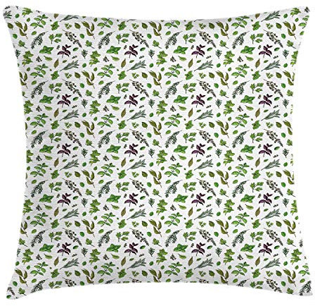 ABAKUHAUS Menta Funda para Almohada, Las Hierbas culinarias de Cocina Artículos, Decorativo, Estampado en Ambos Lados, 40 x 40 cm, Verde Verde Oliva de Ciruela Blancas