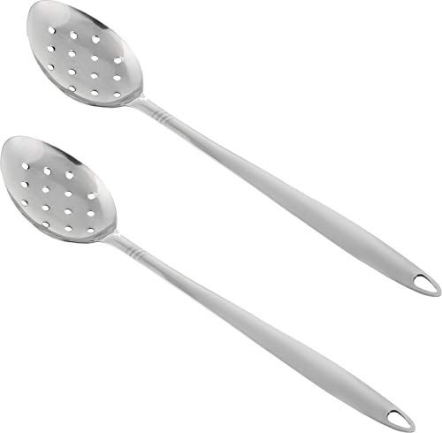 Großer Metall-Kochlöffel mit Löchern, 2 Stück, Edelstahl geschlitzter Servierlöffel – perforierter Metalllöffel mit langem Griff