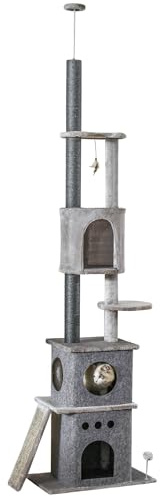 PawHut Kratzbaum Deckenspanner 225-255 cm Katzenturm 3 Höhlen Hellgrau