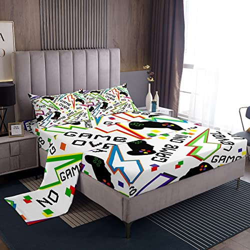 Homemissing - Set di biancheria da letto per ragazzi e ragazze con motivi ispirati ai videogiochi, pulsanti console, fulmini colorati, controller Gamepad, misura matrimoniale, 4 pezzi