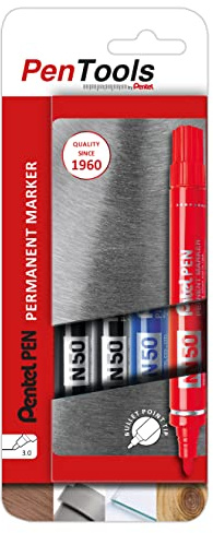 PenTools by Pentel N50 permanent markör, robust rund spets (3,0 mm linje) för permanenta markeringar, 4 stycken – färgsorterad, N50-PRO4ABCEU, 1 blister