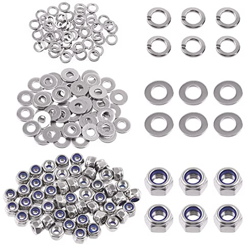 Swpeet Juego de 150 tuercas de bloqueo hexagonales de acero inoxidable 304 M2.5 y arandelas planas M2.5 con arandelas de bloqueo dividido M2.5, tuerca de bloqueo hexagonal para uso doméstico
