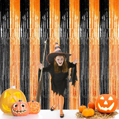 Cortinas de Flecos de Papel de Aluminio para Halloween,Oropel Fiesta Naranja Negro,Decoraciones Bricolaje Ventana/Puerta Apoyos Foto/Fotomatón,para Fotos,día Festivo,decoración de Pared(2pcs)