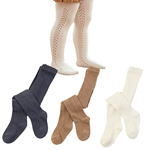 Taous Assam Medias de malla de encaje de punto para niñas pequeñas, mallas transpirables para bebés, Beige/gris/marrón, 12-24 meses