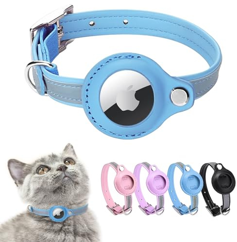 Airtag Katzenhalsband,Leder Halsband Katze,Reflektierend Verstellbar GPS Hülle für Tracking Anti-verloren,für große/mittelgroße/kleine Katze(XS,Blau …