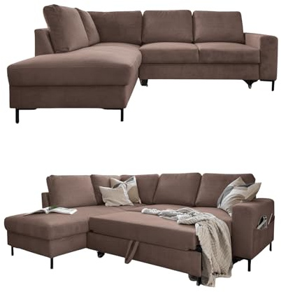 MIUFORM Lofty Lilly, 6er Ecksofa mit Schlaffunktion, Links, Taupe | Kord Sofa mit Schlaffunktion, Schlafsofa mit Bettkasten, Ecksofa L-Form, 237x197x84cm, Couch mit Schlaffunktion, Sofa Bed