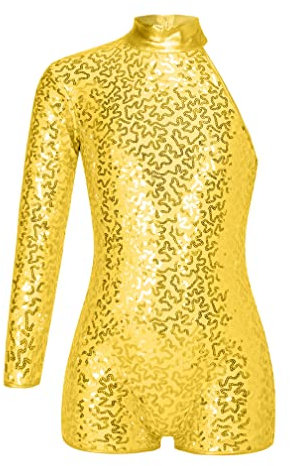 MSemis Mädchen Tanztrikots Turnanzug Glänzend Pailletten Balletttrikot Langarm Tanzbody Gymnastik Leotard Kinder Tanz Outfit Ballettkleidung Gold 170-176