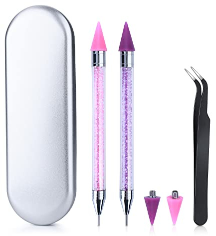 Dotting Tool Strass Picker Werkzeug Buntstifte für Strassstein | Diamantmalerei Verzierungsstifte 2 Doppelseitige Strassstifte mit 2 Zusätzlichen Wachsspitzen 1 Nagelkunst Pinzette