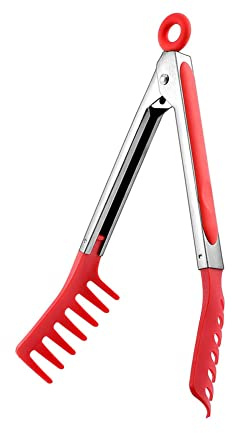 Red Stainless Steel Pasta Tong, Large 9 Stainless Steel Spaghetti Tongs, Comfortable Grip Design Pasta Server Utensil for Noodles Kitchen Cooking Baking Tools