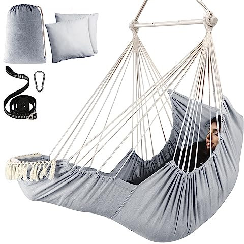 Chihee Hängesessel Hängende Schaukel 2 Kissen Enthalten,Langlebige Spreizstange Hängesessel aus Baumwollgewebe Seitentasche Großes Quastenstuhl-Set Fußstützenstütze Unterschenkel Fuß Komfortabel