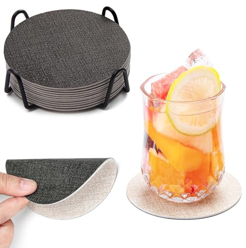 Chitomars Untersetzer Gläser 12er Set, doppelseitige Leder Glasuntersetzer | Rutschfest abwaschbare Getränkeuntersetzer Kunstleder Glas Untersetzer-Set mit Halter (Grau Cremeweiß, Rund)