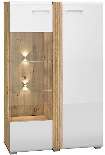 Lomadox Highboard Vitrine Wohnzimmer Schrank Kommode Vitrinenschrank Eiche Castello Nb. mit weiß Hochglanz, MDF Fronten mit filigraner Fräsung, LED Beleuchtung, B/H/T: ca. 92/143/42 cm