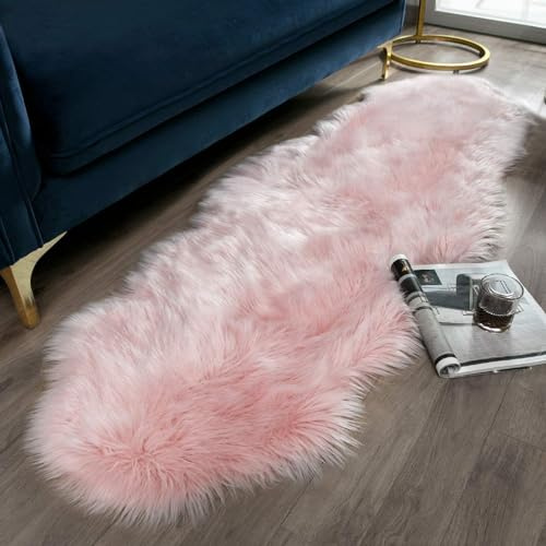 JXLOULAN Tappeto in finta pelliccia di pecora rosa, 60 x 160 cm, a pelo lungo, morbido tappeto decorativo per sedie, divano, camera da letto, cameretta dei bambini