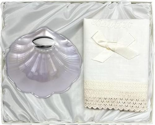 Estuche de Bautizo con Paño de Lino y Concha Bautismal de Cristal Nacar. Con apliques Laminados en Plata de Ley 925‰ y Personalizado. (09671-N)