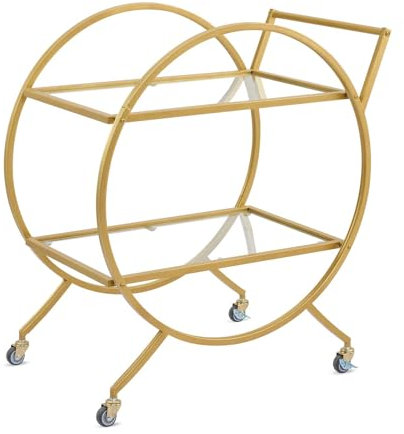 CuisinAid Barwagen Gold, 2-stöckiger Haus-Servierwagen, Weinwagen mit verspiegelten Regalen, Weinhalter, Glashalter, für Küche, Esszimmer, Gold