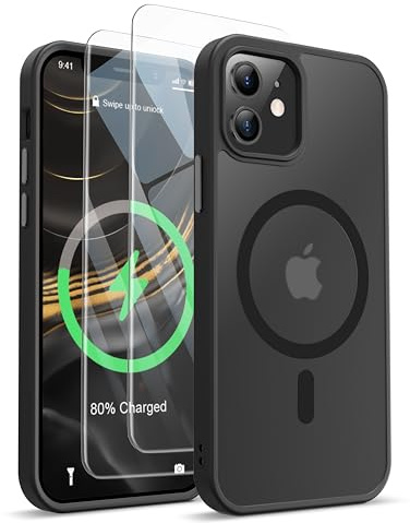 ORETECH für iPhone 12 Hülle mit 2 Schutzfolie, Matt Schwarz | Kompatibel mit Mag Safe,Stoßfest Kratzfest Transluzente Rückseite Handyhülle für iPhone 12/12 Pro