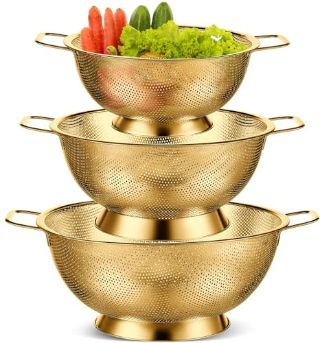 Bokon 3 Pcs Stainless Steel Colander Set Colander Bowl and Sieves 1/3/5 Quart Metal Mesh Strainer Net Basket with Handles Food Spaghetti Strainer for Kitchen Draining Pasta Rinsing(Gold)
