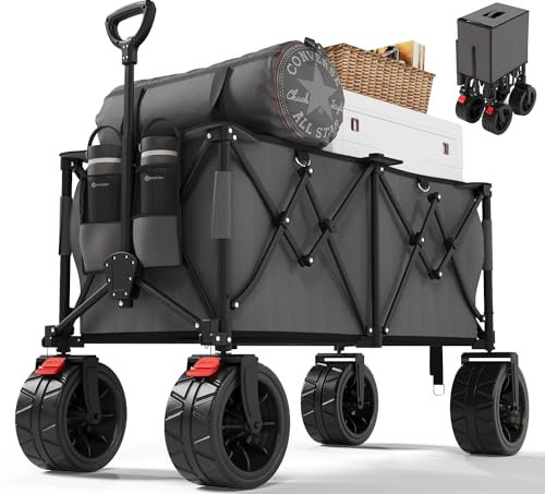 Devoko 332L Folding Festival Trolley on Wheels, Heavy Duty Camping Wagon Cart with Adjustable Tailgate, Extra-Wide 18cm All-Terrain Wheels, 180KG Load – Beach, Garden, Pull Along Trolley, Grey