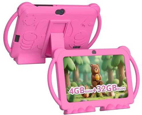 HOTTABLET 7 Android Kids Tablet, 4GB RAM, 32GB ROM, 1TB Expansion, with Parental Control, WiFi, Bluetooth, Dual Camera with Silicone Case, 1 Piece (Pink)
