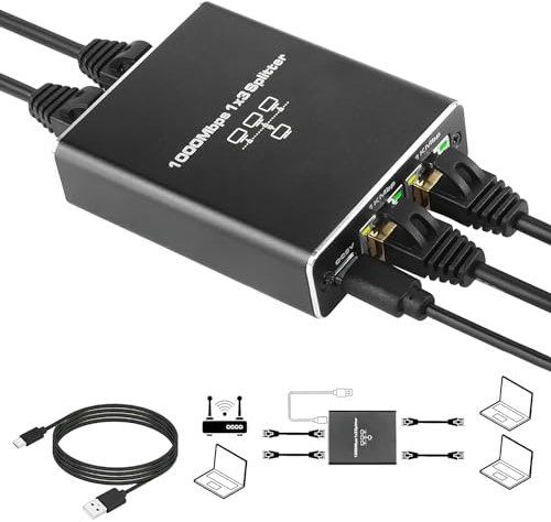 HENGBIRD Lan Splitter 1 auf 3 1000Mbps mit Typ-C Netzkabel Gigabit Ethernet Splitter 1 in 3 Out, Lan Switch 3 Port, RJ45 LAN Verteiler Netzwerk Verlängerungen Stecker für Computer, Router, Set-Top Box