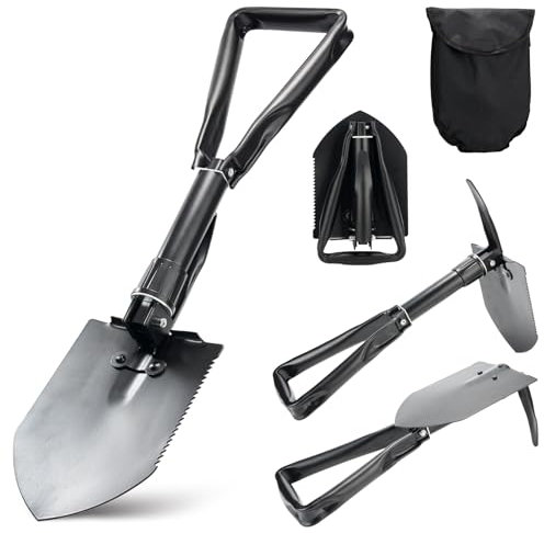 Camping Shovel 23 IN, 58 CM Folding With Saw Edge, Spade, Military, Trowel, Metal Detector Accessories, Multi Function - Comes With a Compass