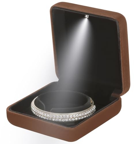 Coffret cadeau classique en métal brillant avec lumière LED pour bijoux, pendentifs, colliers, demande en mariage, fiançailles, mariage, anniversaire, cérémonie (café)