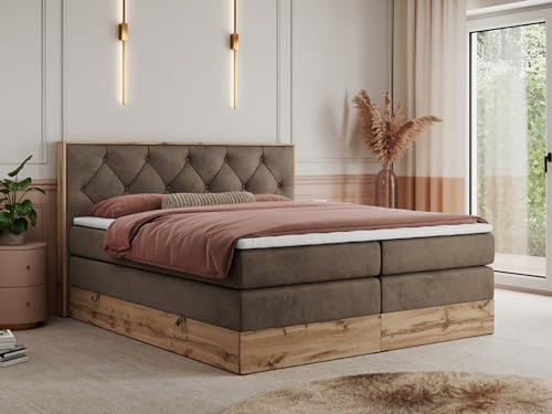 MKS MEBLE King Boxspringbett 180x200 mit Kopfteil und Bettkasten, Polsterbett mit Matratze H4 und Topper T25, Wotan Eiche Dekor - Braun Velvet - Veneto King