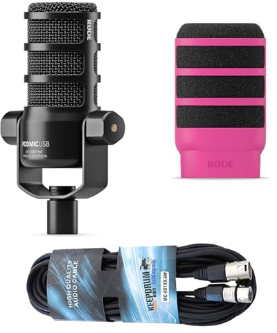 Rode Podmic USB XLR Podcast Sprecher-Mikrofon + WS14P Deluxe Popschutz Pink + keepdrum XLR-Kabel