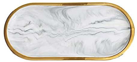 Bandeja de servicio Bandeja de tocador con borde dorado, bandeja de almacenamiento ovalada de decoración de cerámica, organizador de encimera de tocador de cocina de baño for velas de jabón Plato de a