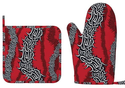Ofenhandschuhe Vintage Rote Zweige Textur Drucke Kochhandschuhe Anti-Rutsch Grillhandschuhe Hitzeresistente Topfhandschuhe Für Backen Barbecue Kochen
