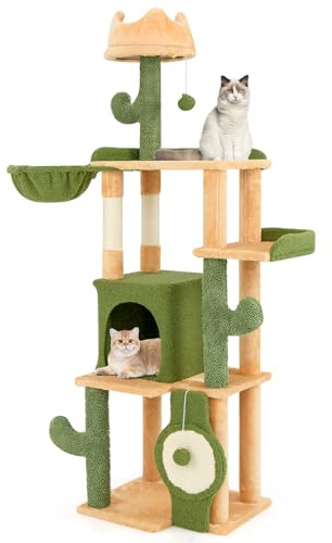 COSTWAY Cat Tree, 160cm Tall Cats Tower with Padded Perch, Basket Bed, Jumping Platforms, Condo, Sisal Scratching Posts & Board, Hanging Toys, Multi-level Cactus Kitty Activity Center for Indoor Cats