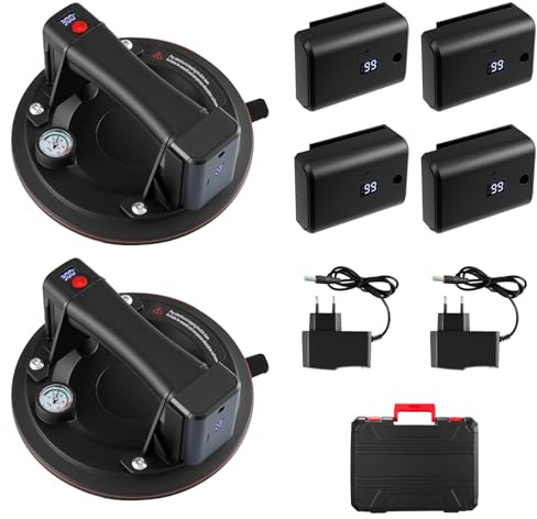 2 Pack 8 Saugheber Akku Fliesenheber mit Manometer 250KG|Akku x4,Elektrischer Saugheber Tragkraft,Dreigiges Pad Vakuum Glasheber für Transport von Aquarium,Fliesen, glas,Platten (Black)