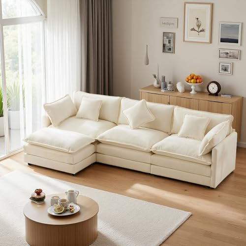 Sapgaks Canapé rembourré Moderne,canapé 3 Places,canapé d'angle en Forme de L avec Repose-Pieds,Tissu Chenille,adapté au Salon et à la Chambre à Coucher,Beige